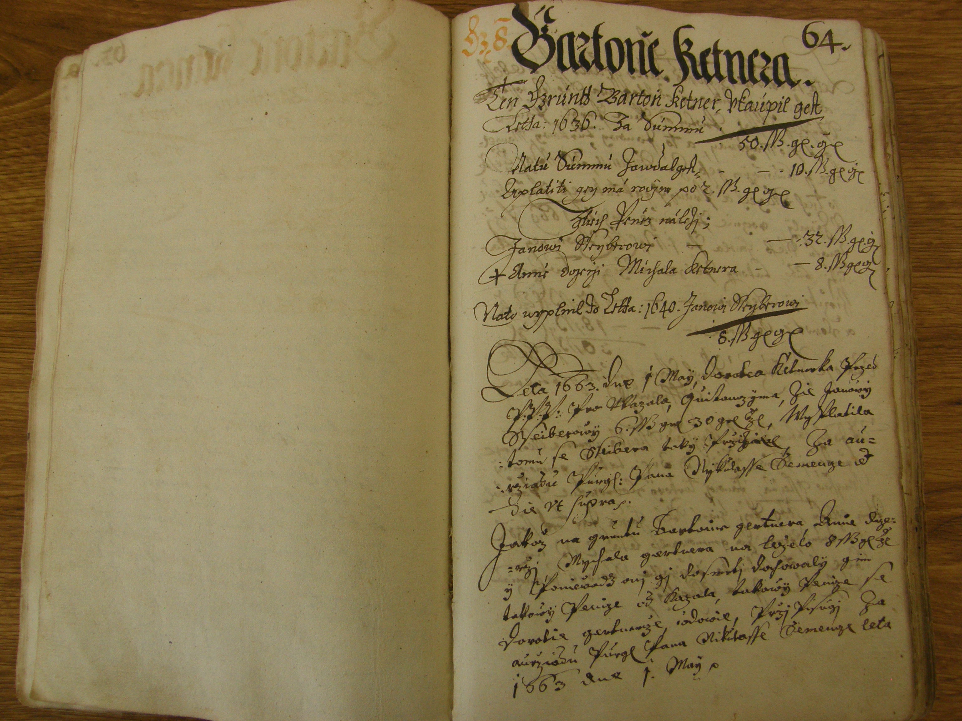 Zápis Bartoně Ketnera o koupi gruntu r.1636