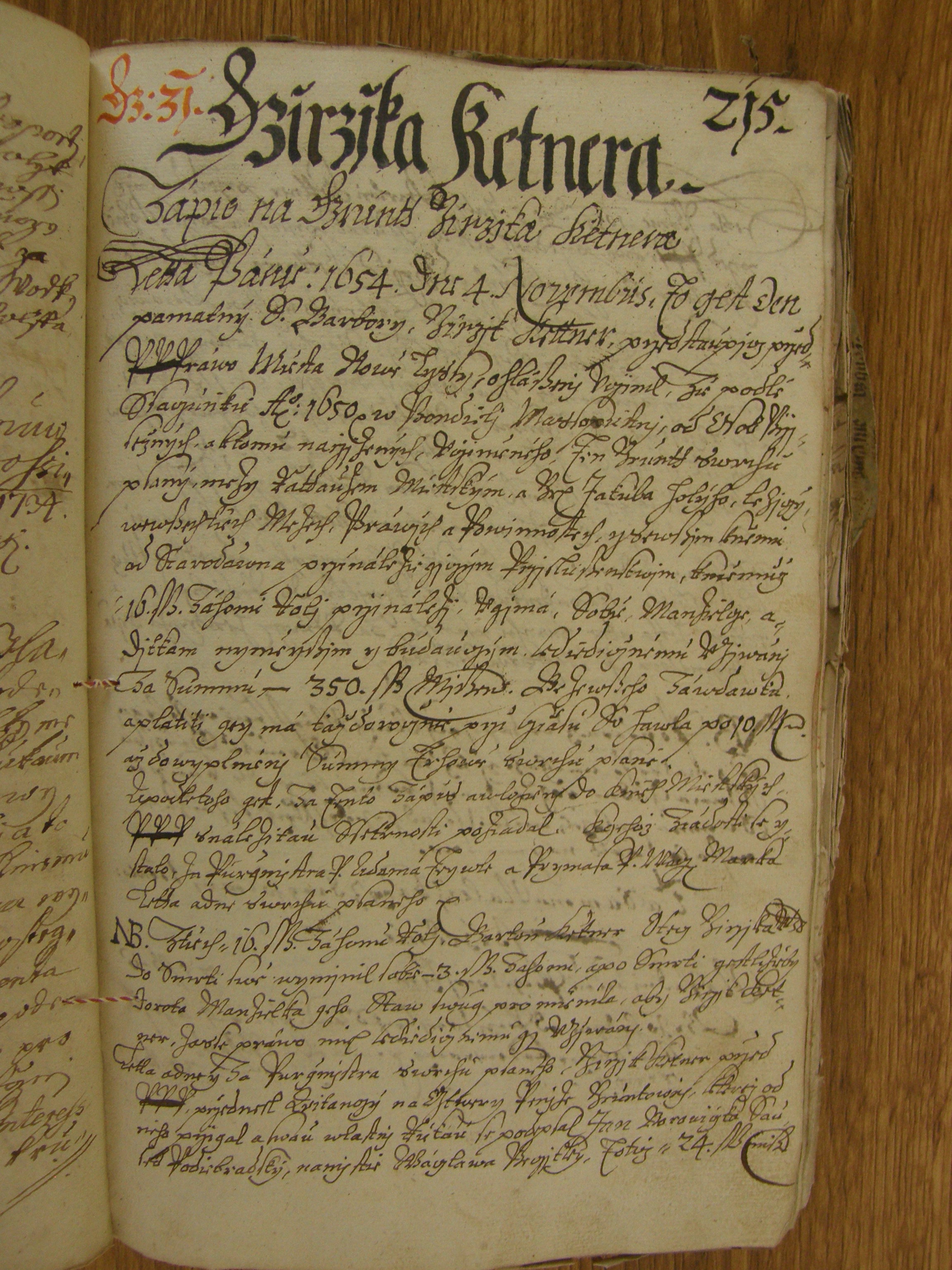Zápis Jiříka Ketnera o koupi gruntu r.1654